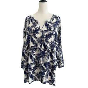 Jones & Co Blouse Top Women 3X Linen Blend 3/4 Sleeves Babydoll Blue Cream Shirt